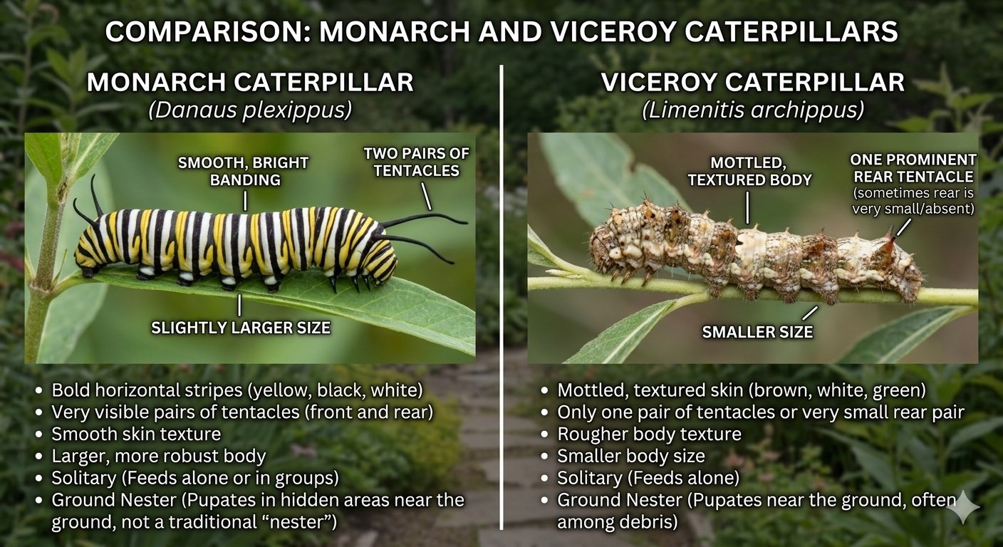 An A1 generated infographic by Nano Banana comparing the striped markings of a Monarch caterpillar to the camouflaged brown-and-white markings of a Viceroy caterpillar