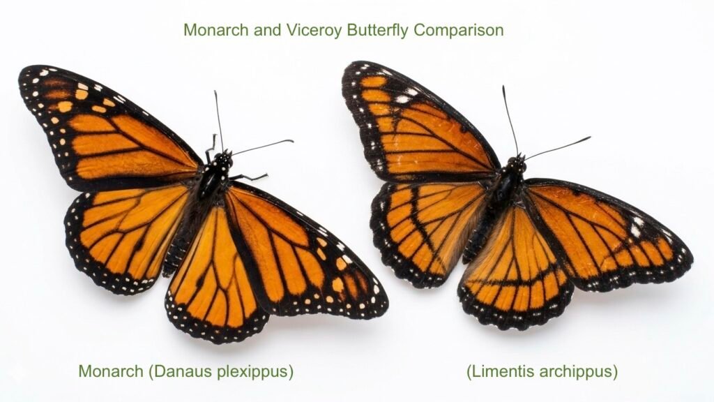 Side-by-side images comparing the double-spotted edge of a Monarch (Danaus plexippus) with the single-spotted edge of a Viceroy (Limentis archippus)